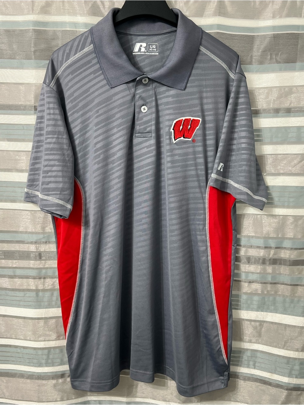 Russell Athletic Gray Polo with Red Side Panels and Wisconsin Badgers W Patch